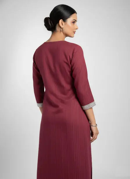Women’s Maroon Rayon Embroidered Straight Kurti – 3/4 Sleeve, V-Neck