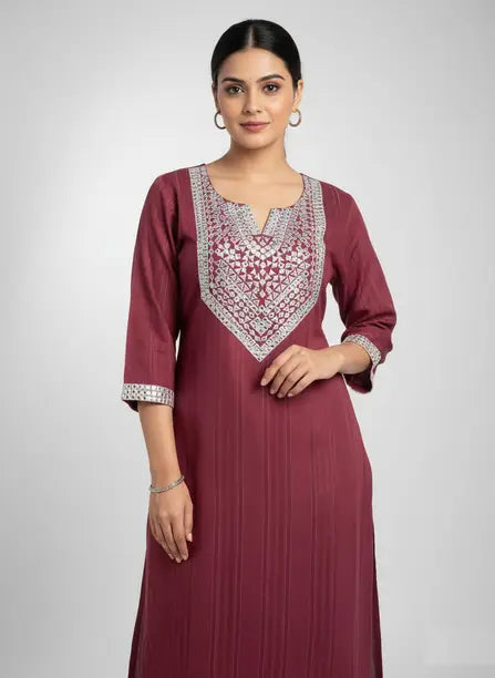 Women’s Maroon Rayon Embroidered Straight Kurti – 3/4 Sleeve, V-Neck