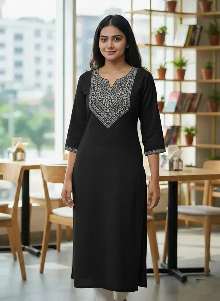 Women’s Black Rayon Embroidered Kurti – Classic Straight Fit
