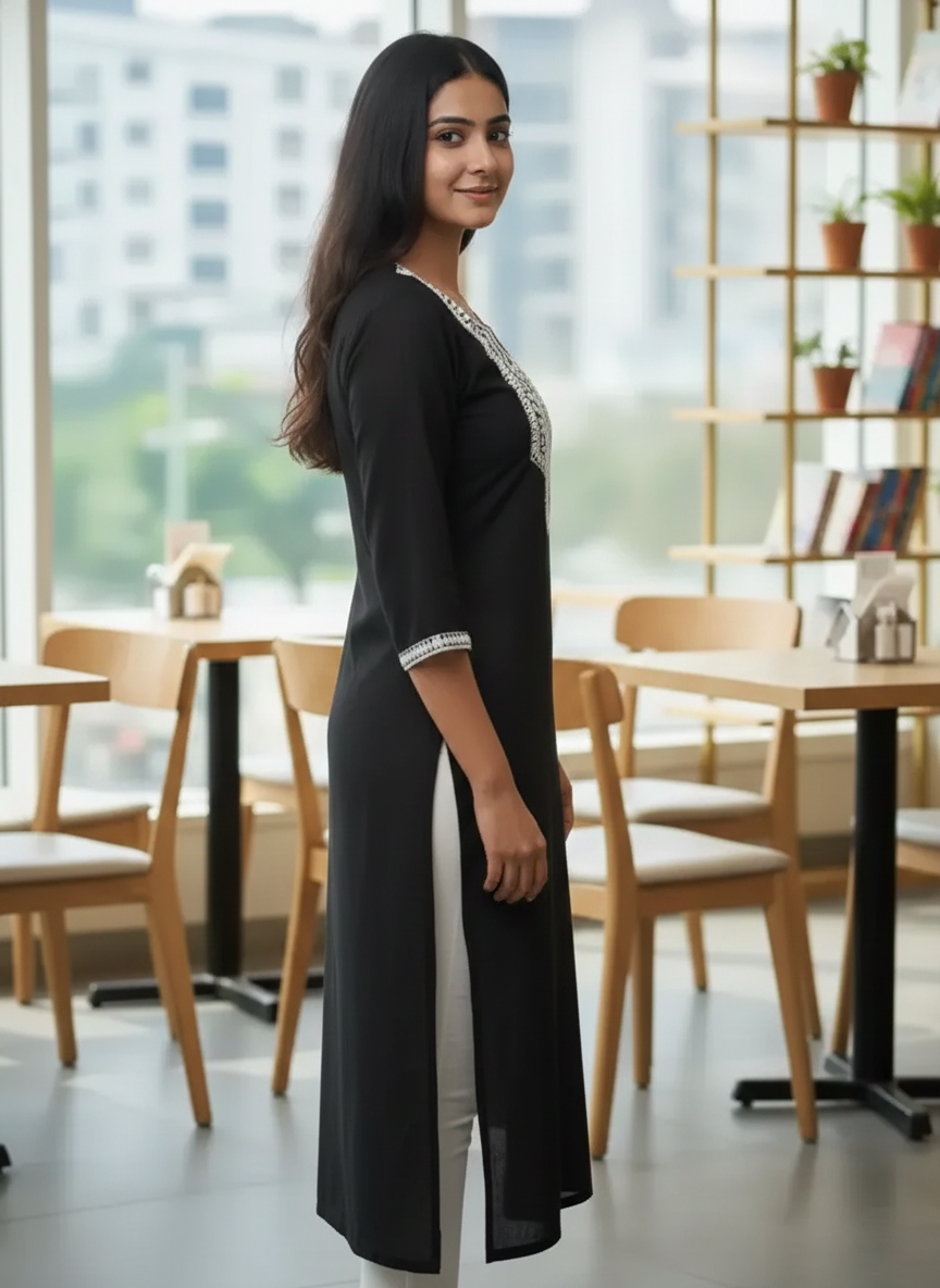 Women’s Black Rayon Embroidered Kurti – Classic Straight Fit