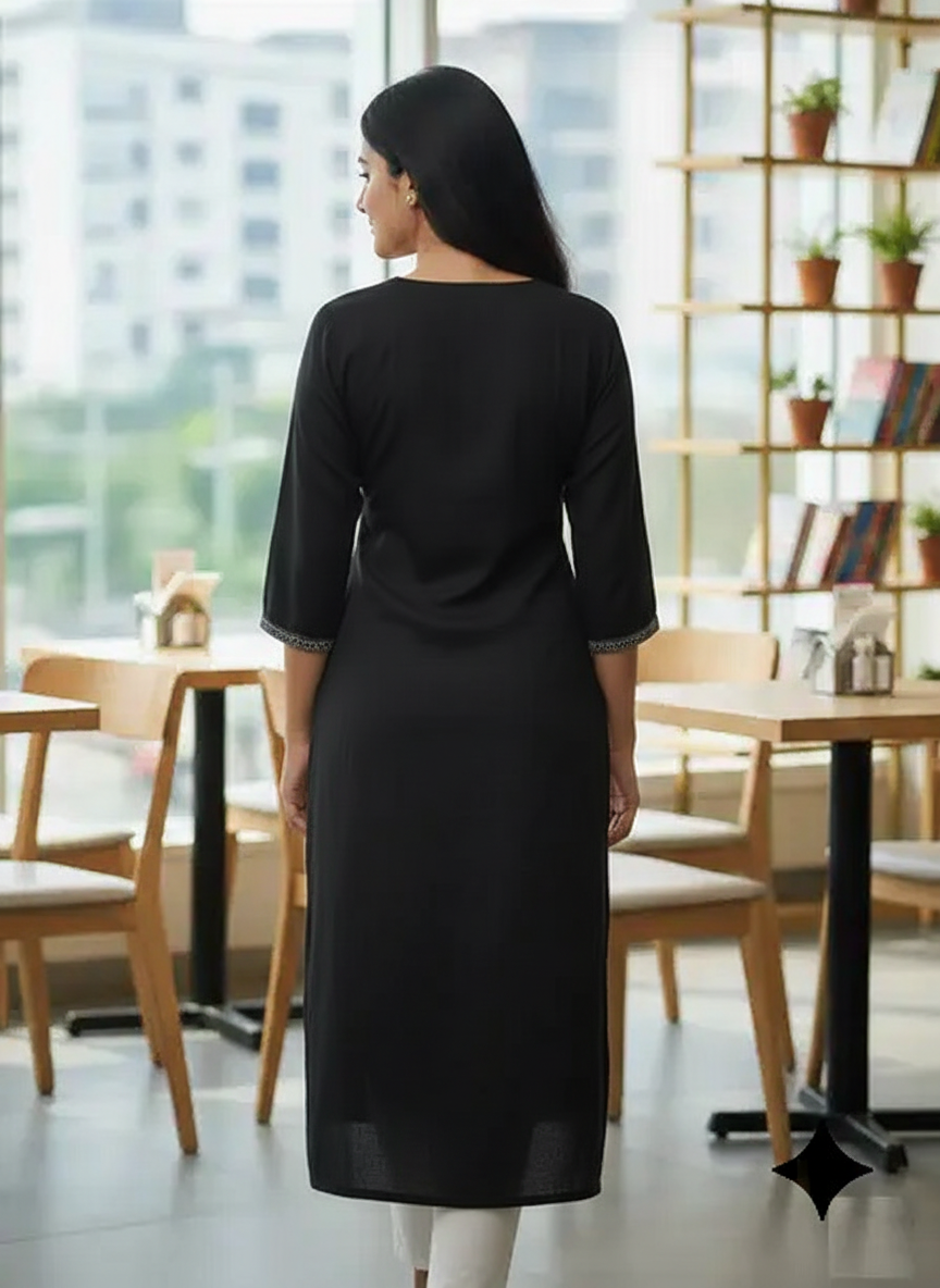 Women’s Black Rayon Embroidered Kurti – Classic Straight Fit