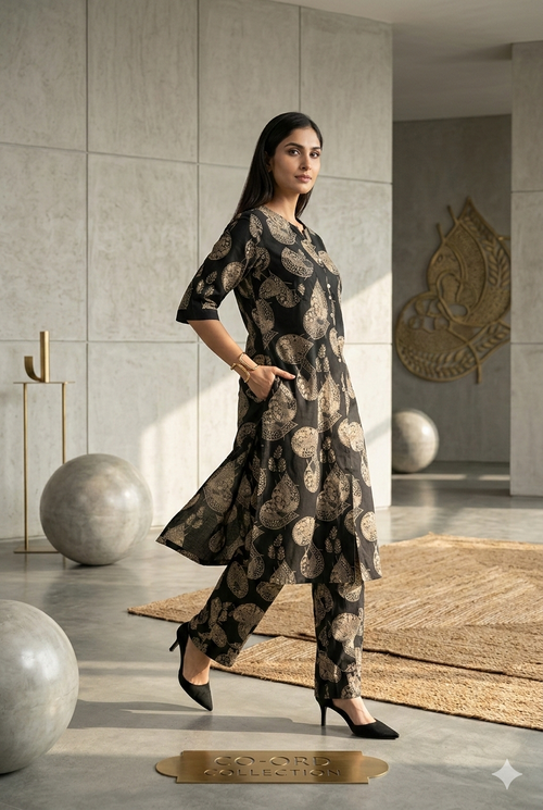 Black & Gold Paisley A-Line Kurti Pant Set – Elegant Ethnic Co-Ord Collection