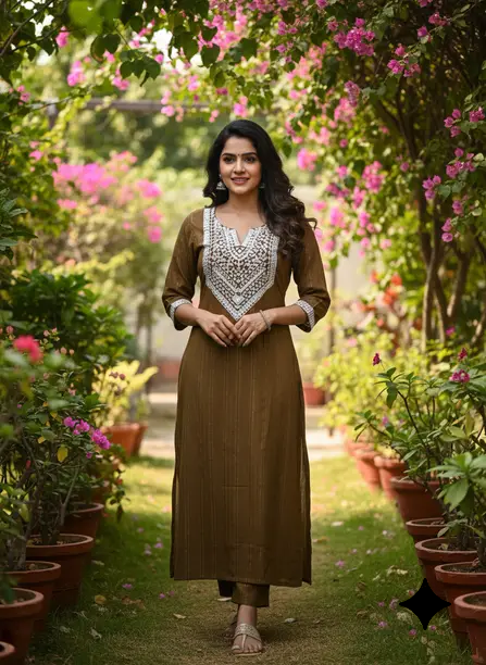Women’s Light Brown Rayon Embroidered Kurti – Festive & Casual Wear
