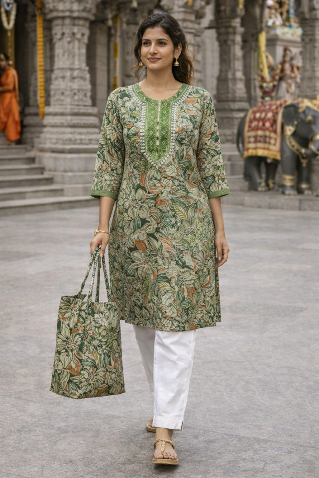Women’s Green Floral Printed Rayon Kurti with Tote Bag – Ethnic Wear