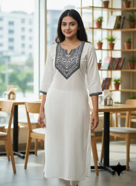Women’s White Rayon Embroidered Straight Kurti – Elegant Daily Wear