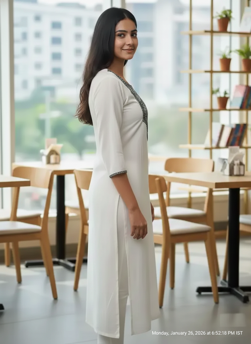 Women’s White Rayon Embroidered Straight Kurti – Elegant Daily Wear