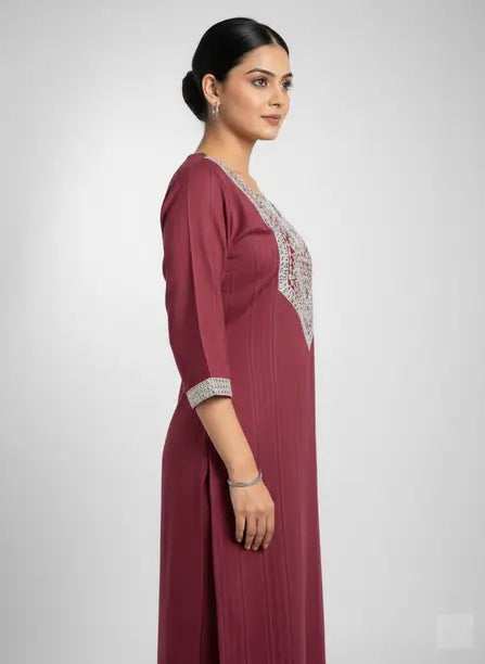 Women’s Maroon Rayon Embroidered Straight Kurti – 3/4 Sleeve, V-Neck