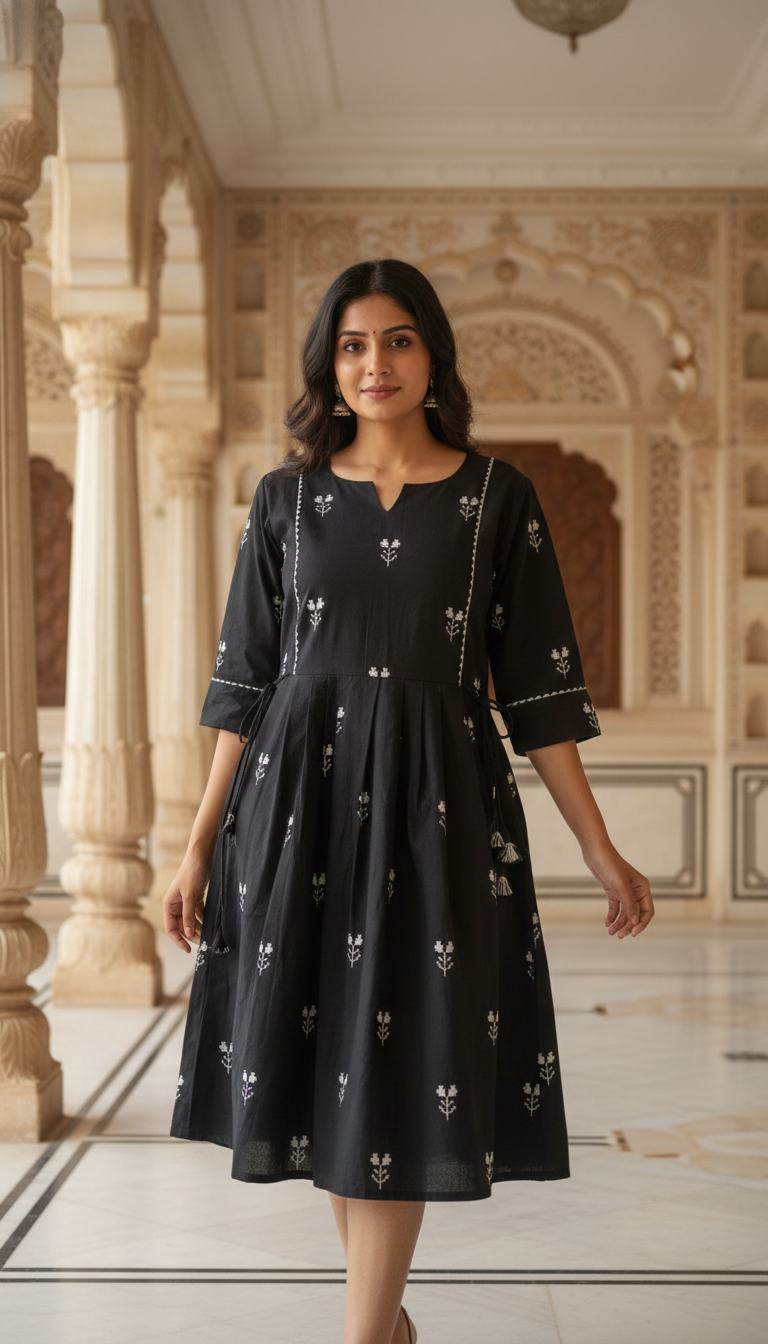 Cotton Printed Long Dress for Women | Anarkali Style | 3/4th Sleeve | Casual & Festive Wear