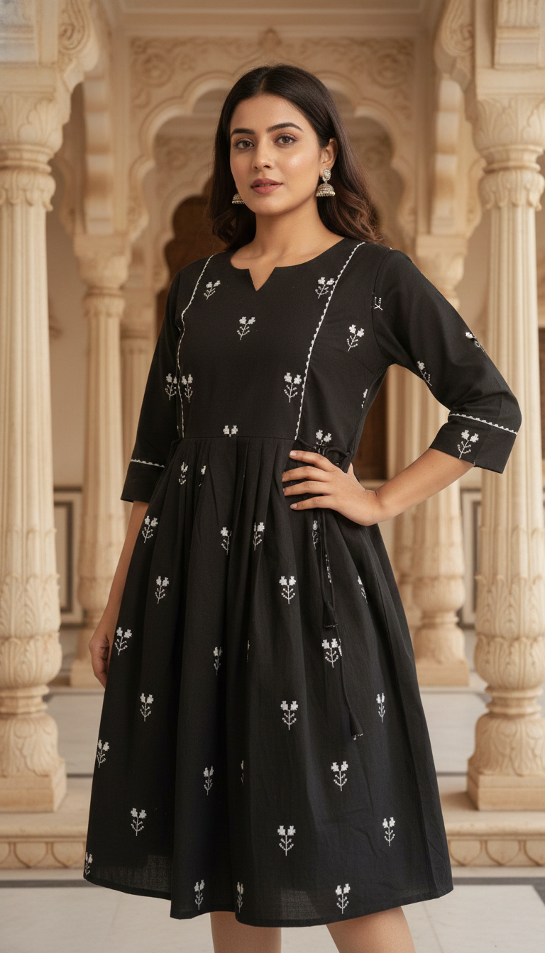 Cotton Printed Long Dress for Women | Anarkali Style | 3/4th Sleeve | Casual & Festive Wear