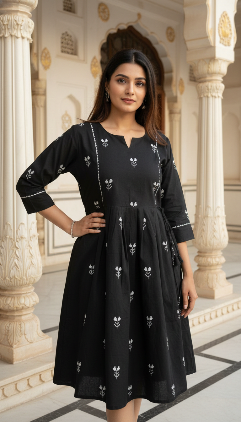 Cotton Printed Long Dress for Women | Anarkali Style | 3/4th Sleeve | Casual & Festive Wear