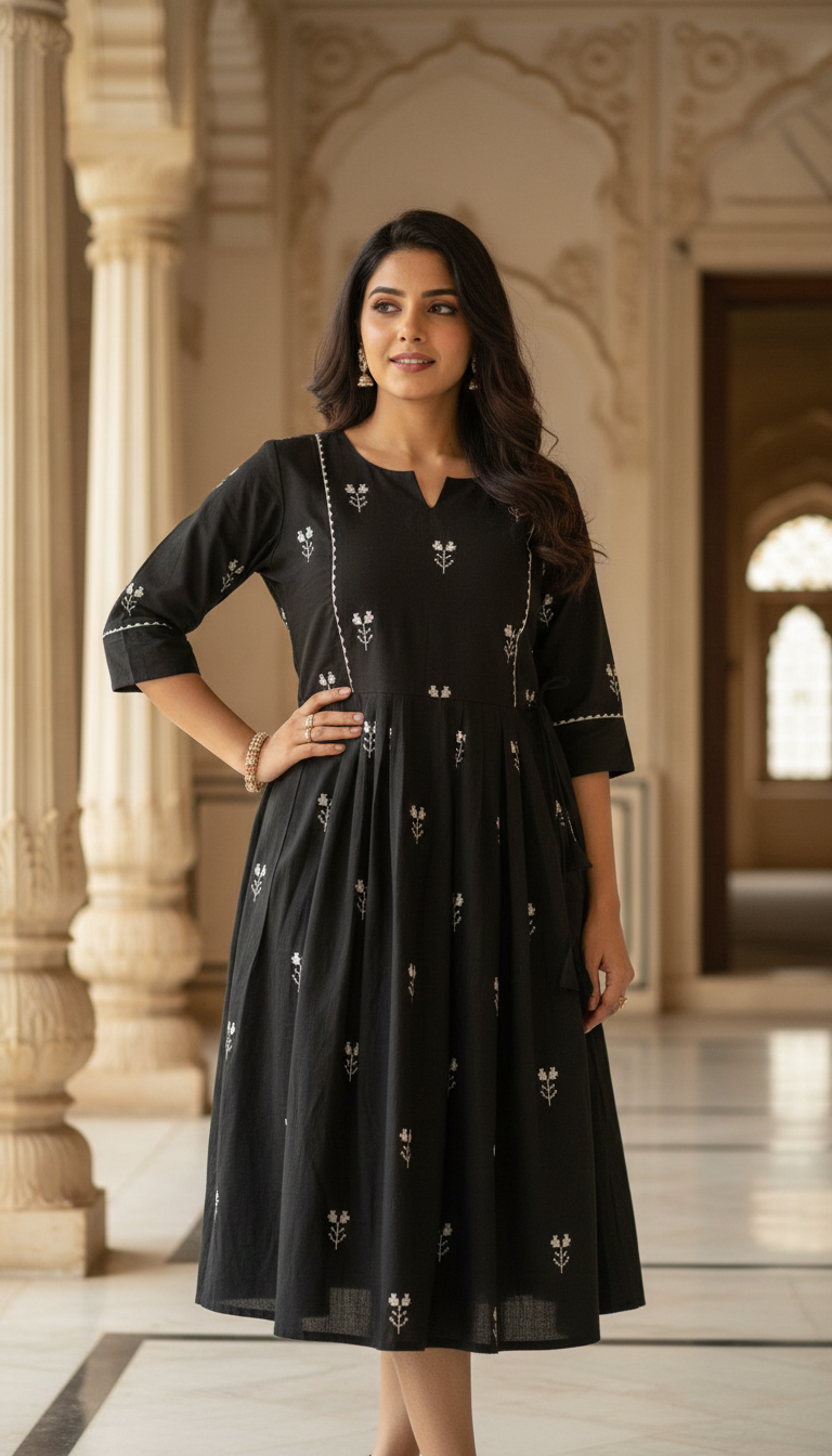 Cotton Printed Long Dress for Women | Anarkali Style | 3/4th Sleeve | Casual & Festive Wear